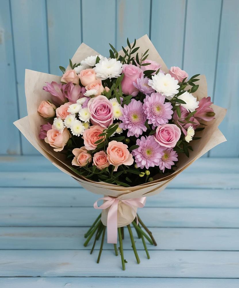 Букет цветов из: Хризантемы, Розы и Альстромерии в Клин-9