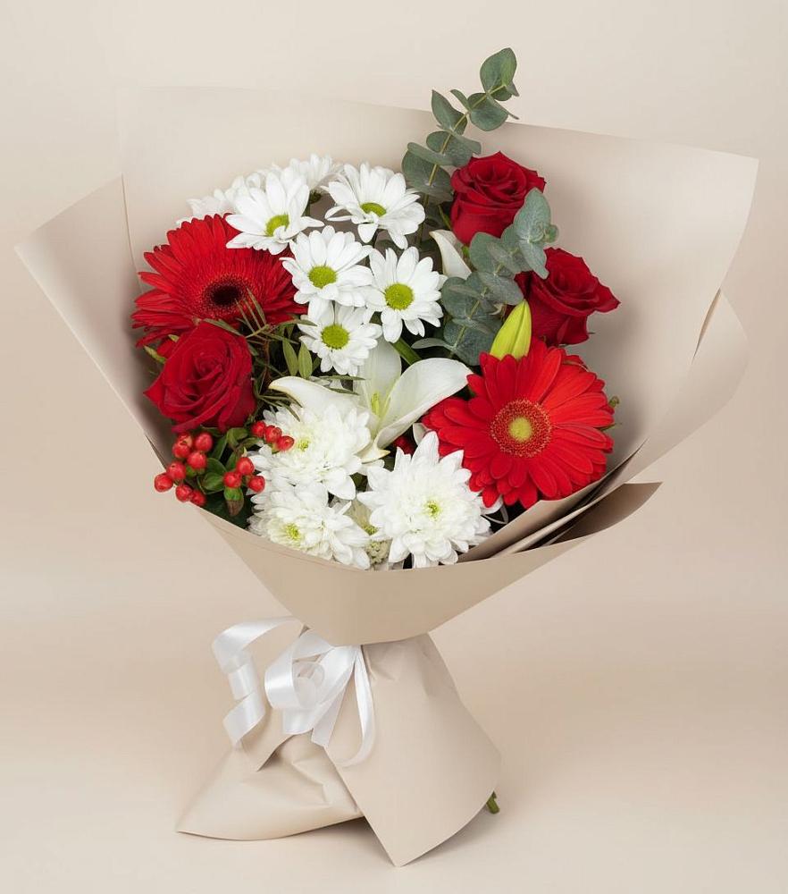 Букет цветов из: Розы, Хризантемы, Герберы и Лилии в Клин-9