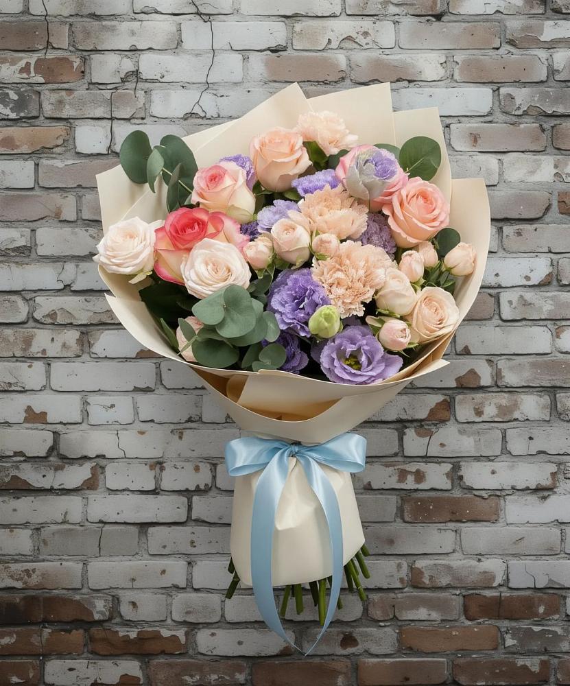 Букет цветов из: Розы, Лизиантусы и Гвоздики в Клин-9