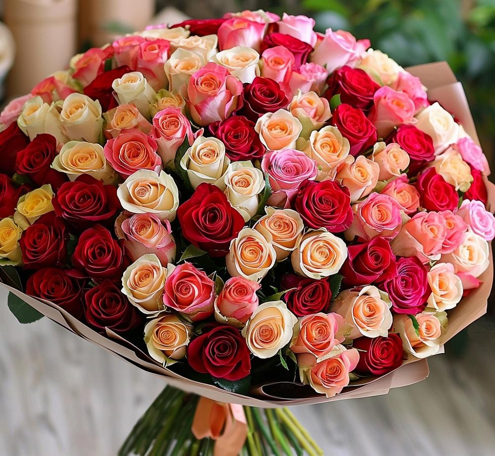 Букет 101 Разноцветная роза в Клин-9