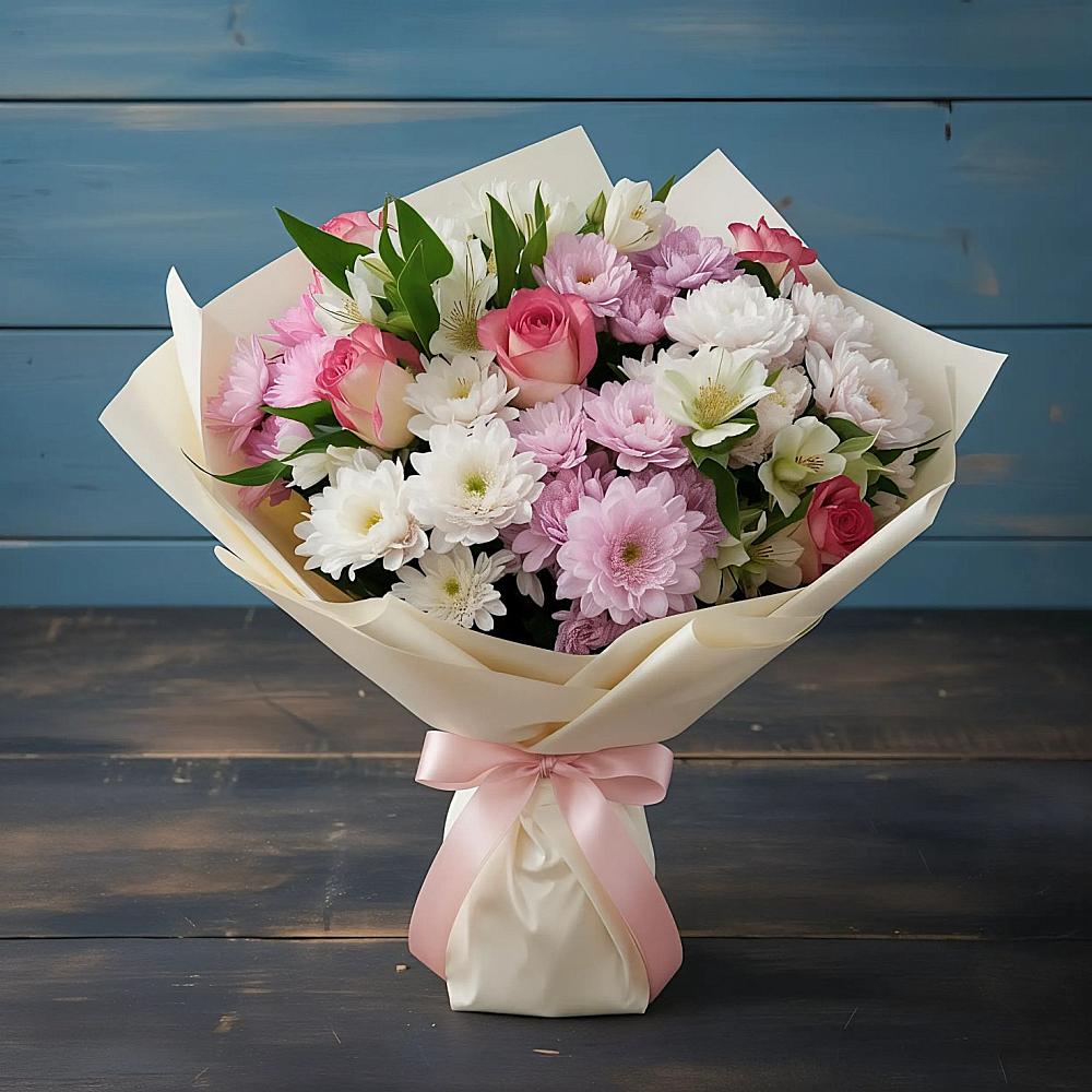 Букет цветов из: Хризантемы, Альстромерии и Розы в Клин-9